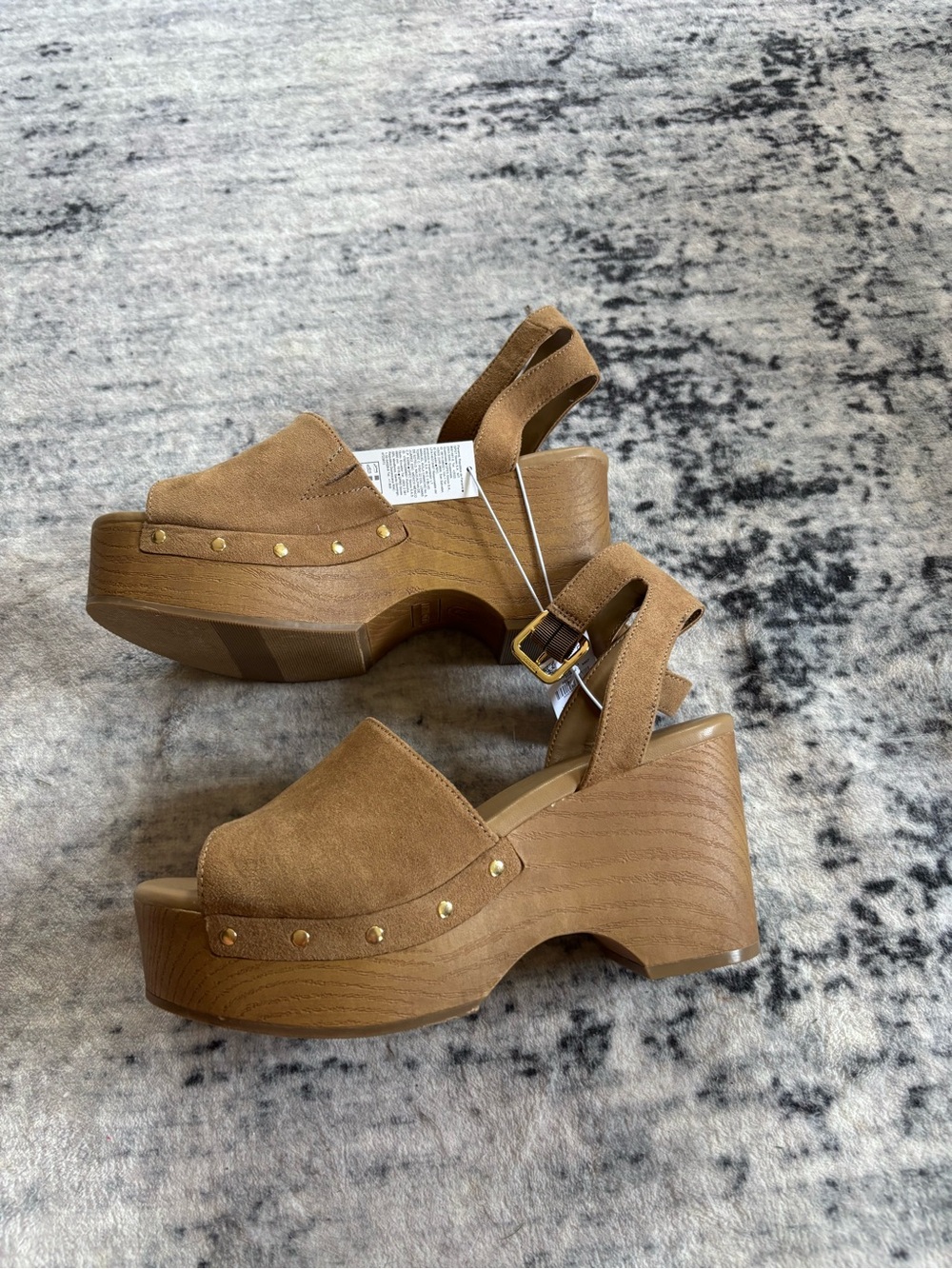 Old Navy Tan Suede Platform Clog Sandals with Gold Studs